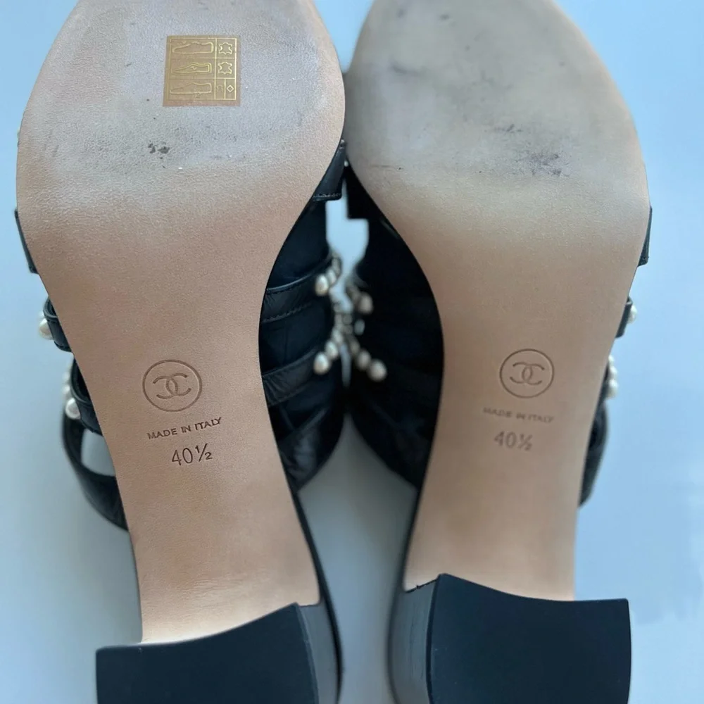 CHANEL Black Pearl-Embellished Strappy Block Heel Sandals